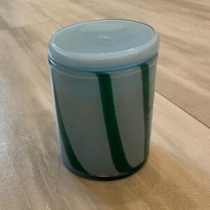 Anthropologie Holiday Peppermint Stick Candle Blue and Green Striped Jar & Lid